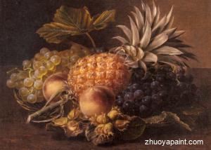  Grapes, a Pineapple, Peaches and Hazelnuts in a Basket