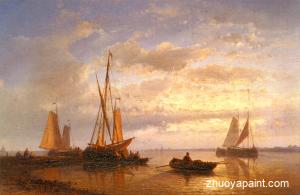 Dutch Fishing Vessels In A Calm At Sunset