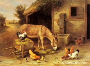 A Donkey and Chickens Outside a Stable