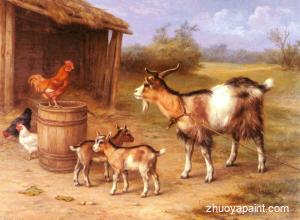 A Farmyard scene with goats and chickens