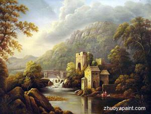 A River Landscape With Bridge And Distant Mountains