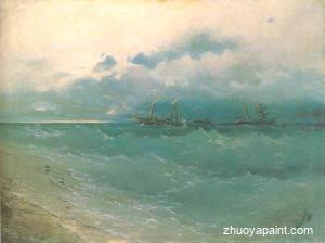 The ships on rough sea, sunrise