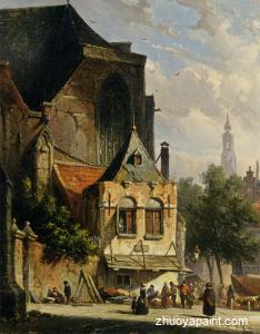 A Busy Market in a Dutch Town