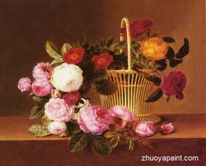 A Basket Of Roses On A Ledge