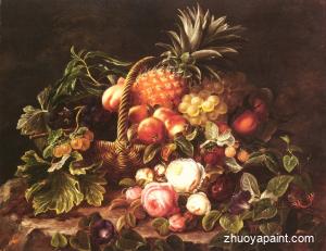 A Still Life Of A Basket Of Fruit And Roses