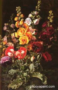 A Still Life Of Hollyhocks And Poppies