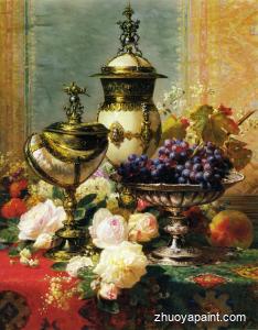 A Still Life with Roses, Grapes and A Silver Inlaid Nautilus