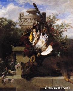 Still Life with Game and a Rifle on a Marble Ledge with an U