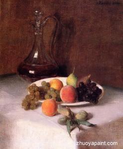 A Carafe of Wine and Plate of Fruit on a White Tablecloth