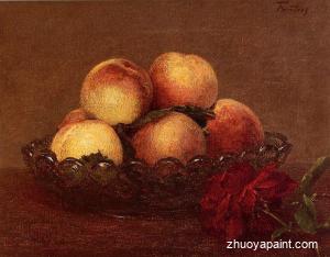 Nature Morte-Peches dans une coupe de verre, une rose fonces