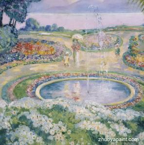 Mother and child by a fountain