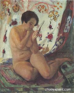 Nude seated by a mirror