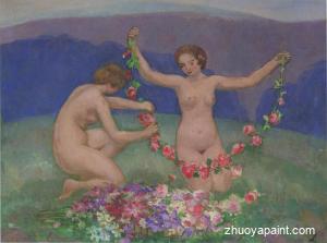 Two young girls with garlands