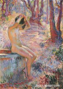 Young girl by fountain