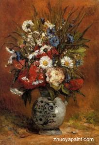 Daisies and Peonies in a Blue Vase