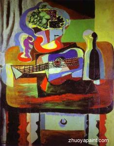 Guitar, Bottle, Bowl with Fruit, and Glass on Table