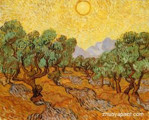 Olive Trees with Yellow Sky and Sun