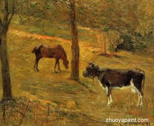 Horse and Cow in a Field