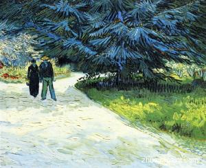 Public Garden with Couple and Blue Fir Tree
