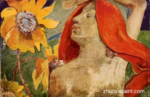 Redheaded Woman and Sunflowers