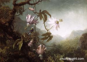 Hummingbird Perched near Passion Flowers