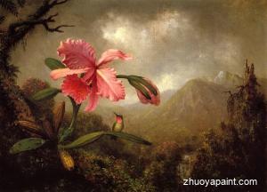 Orchid and Hummingbird near a Mountain Waterfall