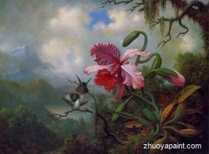 Orchid and Hummingbirds near a Mountain Lake