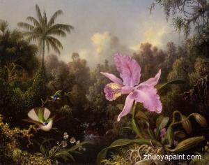 Orchid and Two Hummingburds