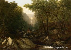 Waterfall in the Woods with Indians