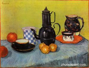 Still Life-Blue Enamel Coffeepot, Earthenware and Fruit