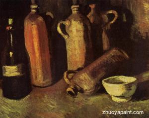 Still Life with Four Stone Bottles, Flask and White Cup