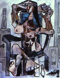 Nude in an Armchair with a Bottle of Evian Water, a Glass an