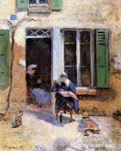 Woman and Child Doing Needlework