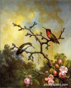 Ruby-Throated Hummingbirds with Apple Blossoms