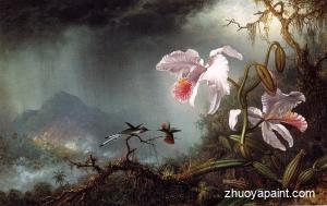 Two Fighting Hummingbirds with Two Orchids