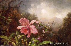 Two Hummingbirds by an Orchid