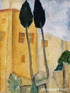 Cypress Trees and Houses, Midday Landscape