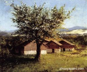 Swiss Landscape with Flowering Apple Tree