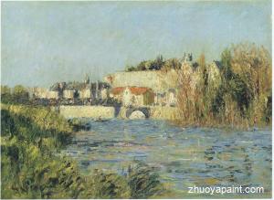 Village in sun on the river